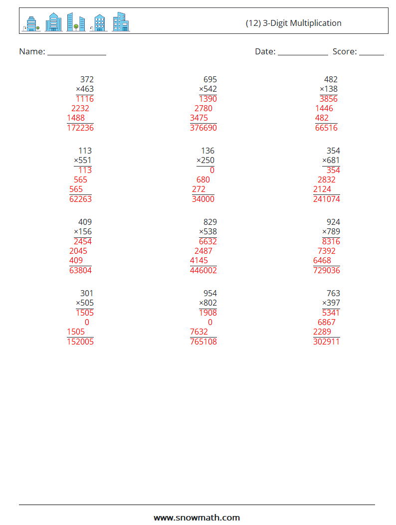 (12) 3-Digit Multiplication Math Worksheets 17 Question, Answer