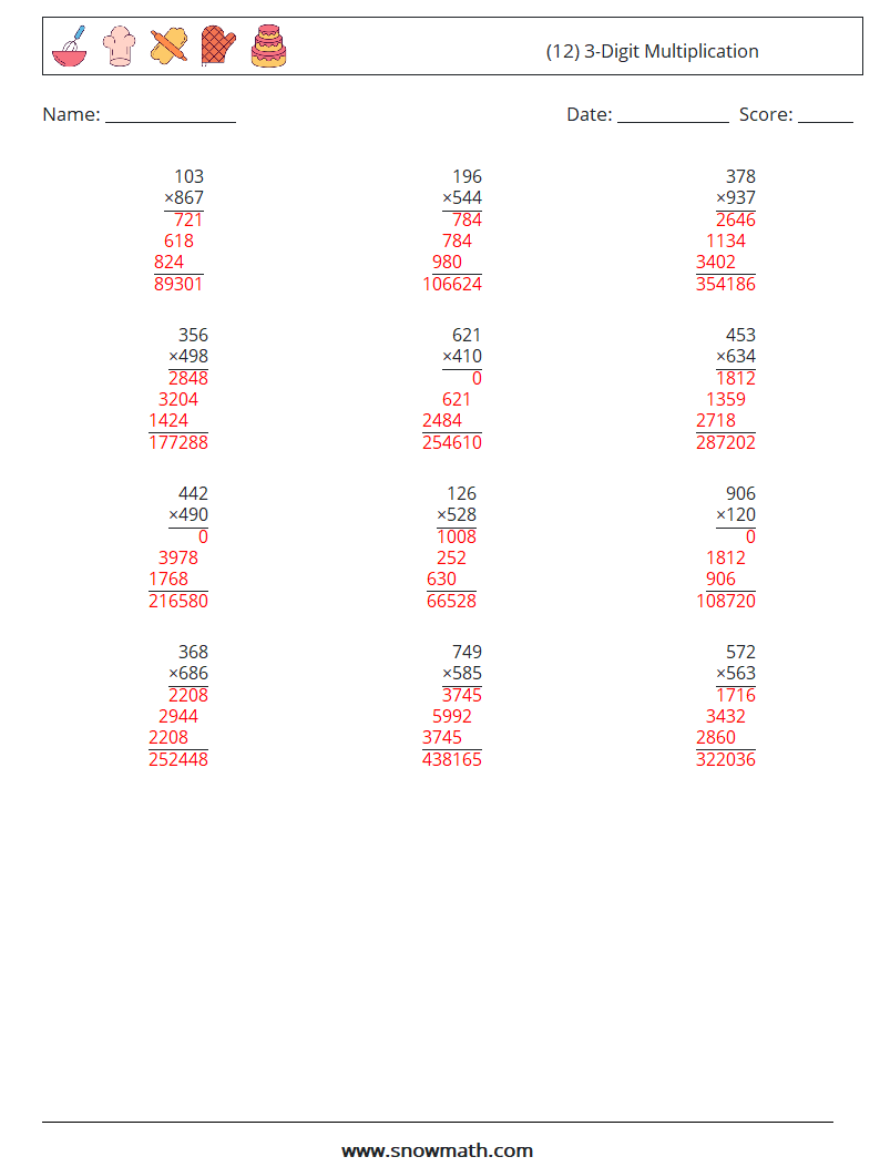 (12) 3-Digit Multiplication Math Worksheets 18 Question, Answer