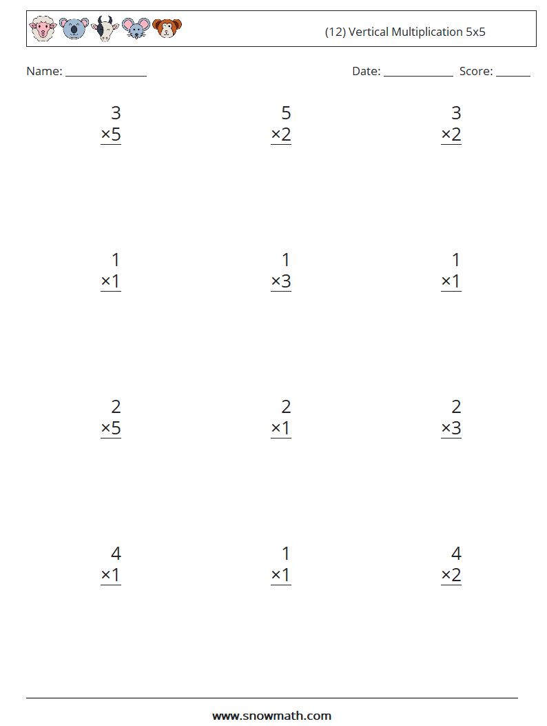 (12) Vertical Multiplication 5x5 Math Worksheets 1