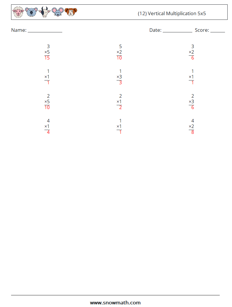 (12) Vertical Multiplication 5x5 Math Worksheets 1 Question, Answer
