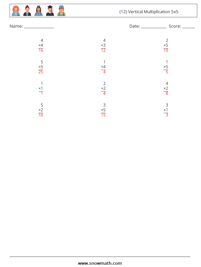 (12) Vertical Multiplication 5x5 Math Worksheets 4 Question, Answer