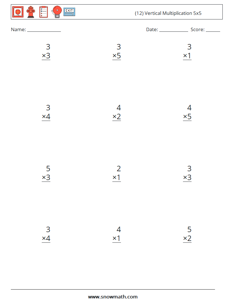 (12) Vertical Multiplication 5x5 Math Worksheets 5