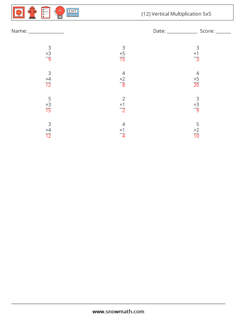 (12) Vertical Multiplication 5x5 Math Worksheets 5 Question, Answer