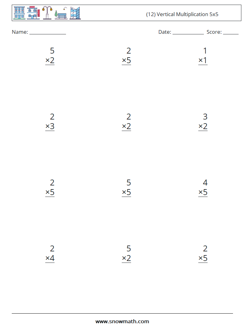 (12) Vertical Multiplication 5x5 Math Worksheets 6
