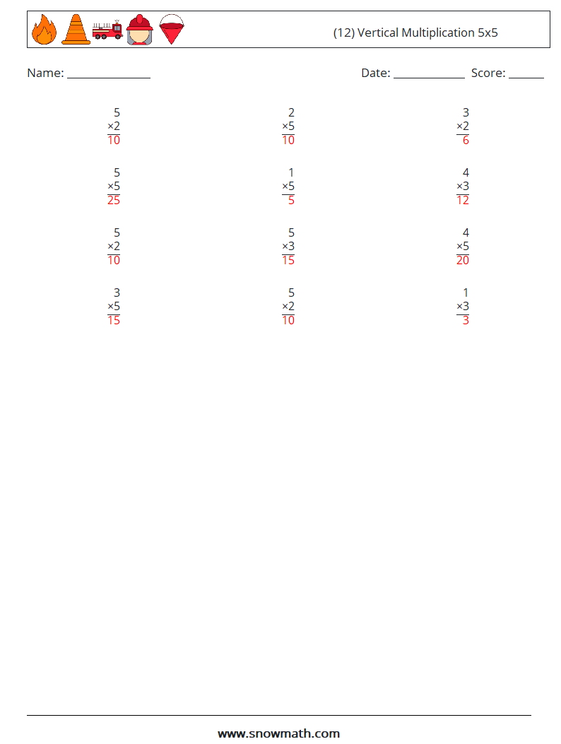 (12) Vertical Multiplication 5x5 Math Worksheets 8 Question, Answer