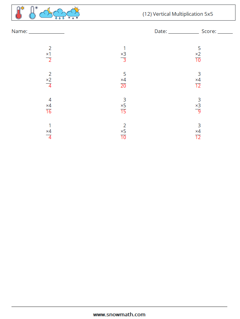 (12) Vertical Multiplication 5x5 Math Worksheets 9 Question, Answer