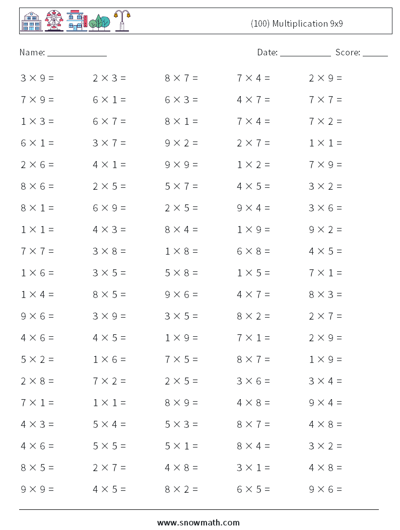 (100) Multiplication 9x9  Math Worksheets 1