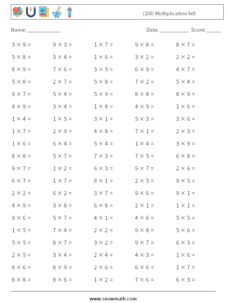 (100) Multiplication 9x9  Math Worksheets 3