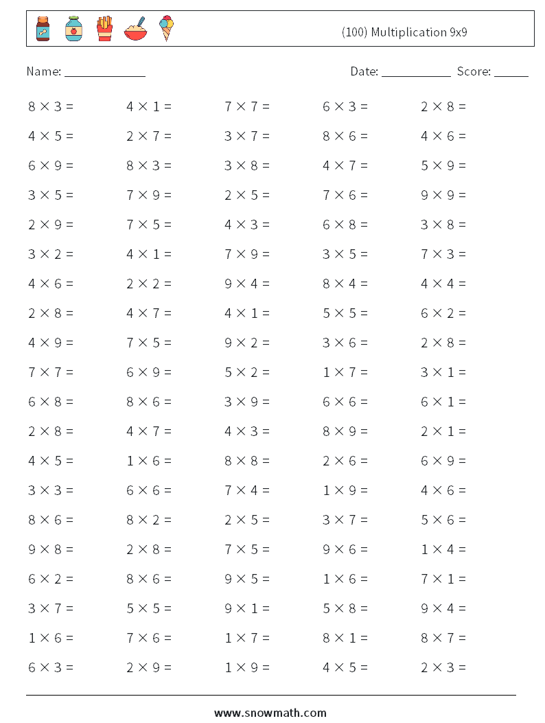 (100) Multiplication 9x9  Math Worksheets 5