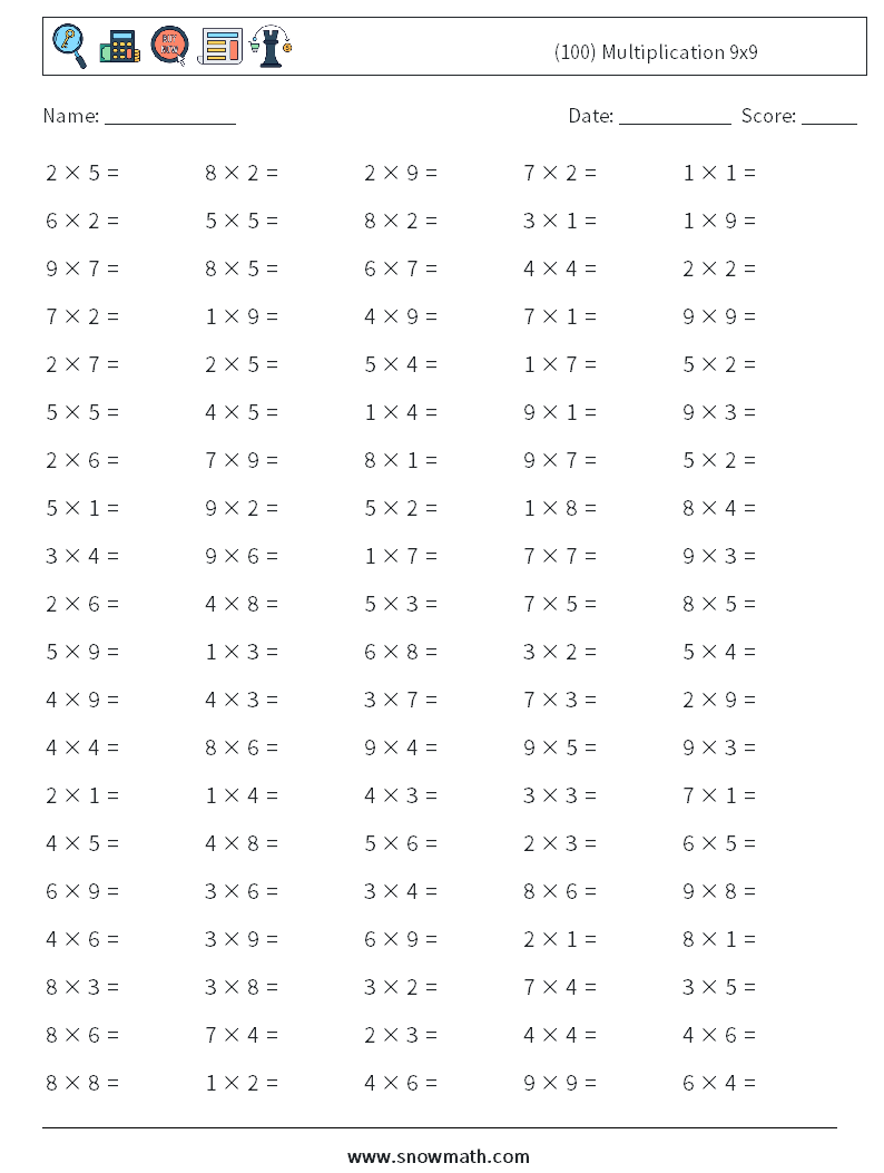 (100) Multiplication 9x9  Math Worksheets 6