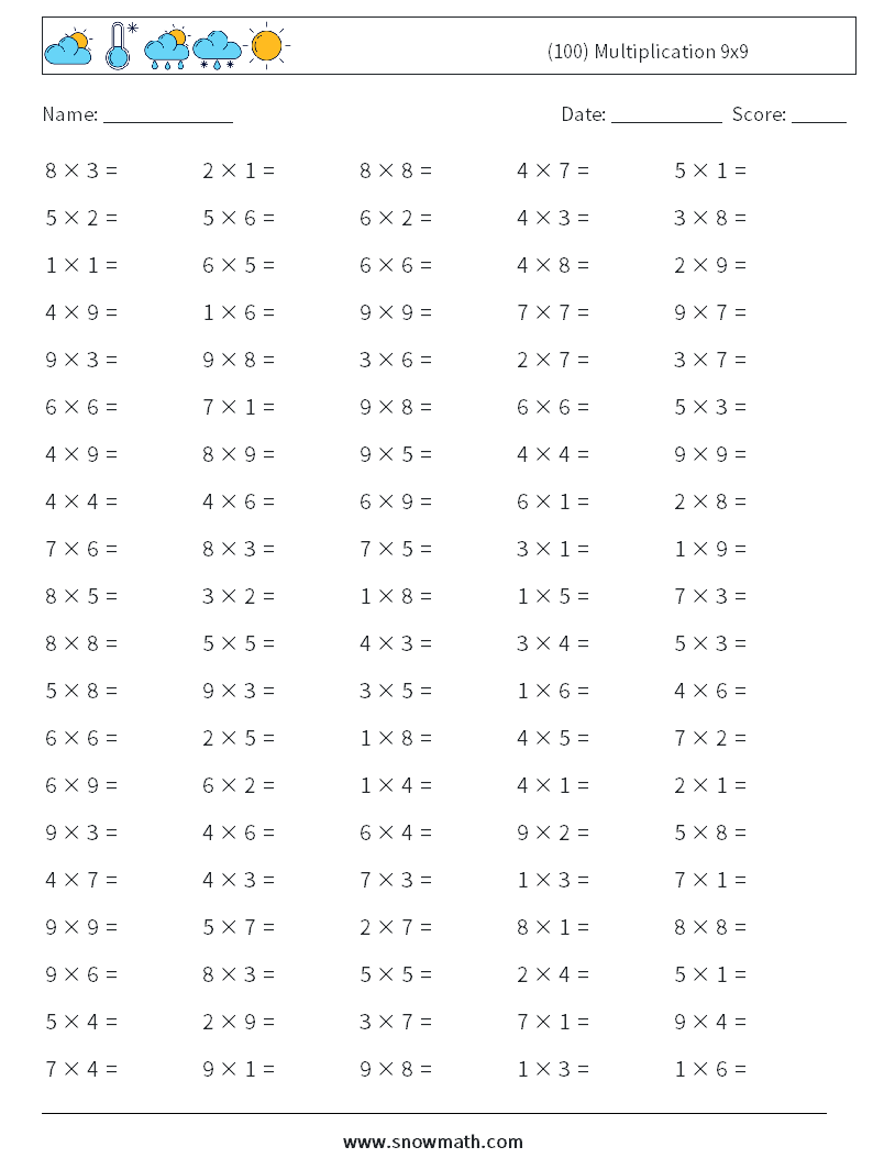 (100) Multiplication 9x9  Math Worksheets 7