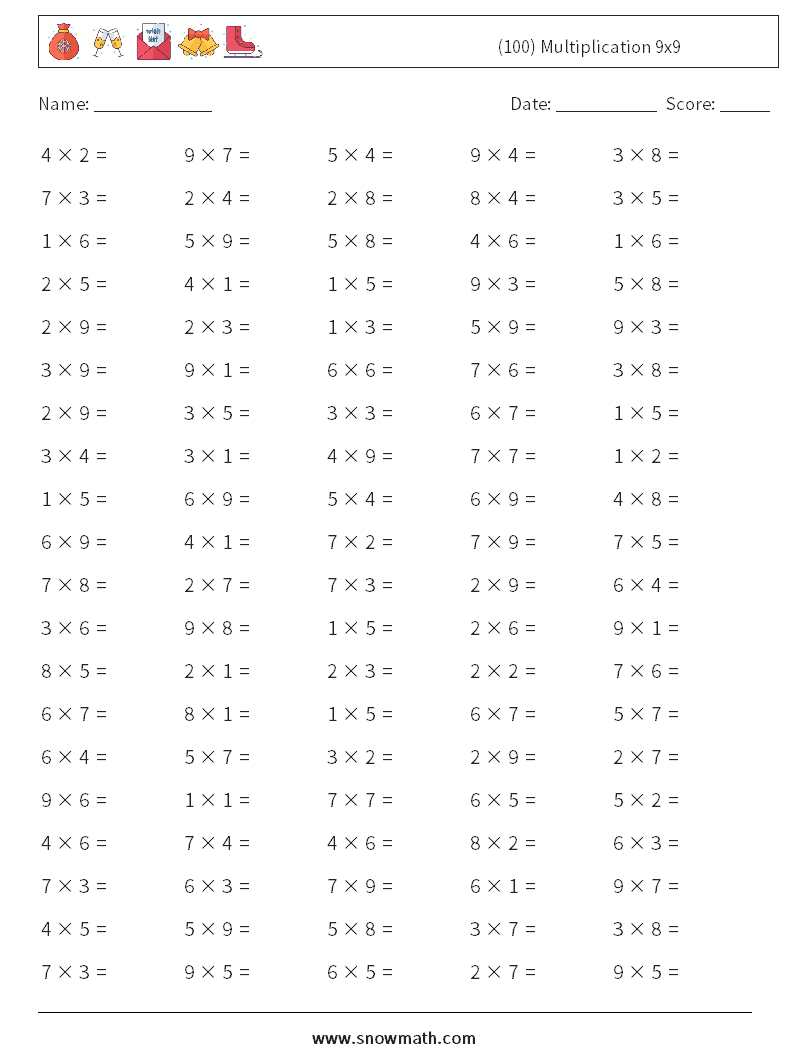 (100) Multiplication 9x9  Math Worksheets 9