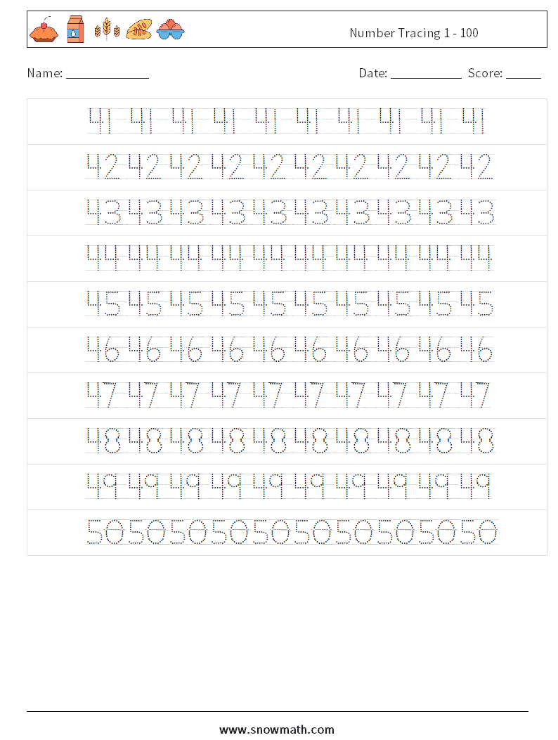 Number Tracing 1 - 100 Math Worksheets 10