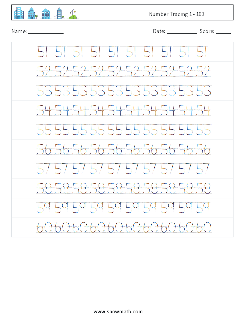 Number Tracing 1 - 100 Math Worksheets 12