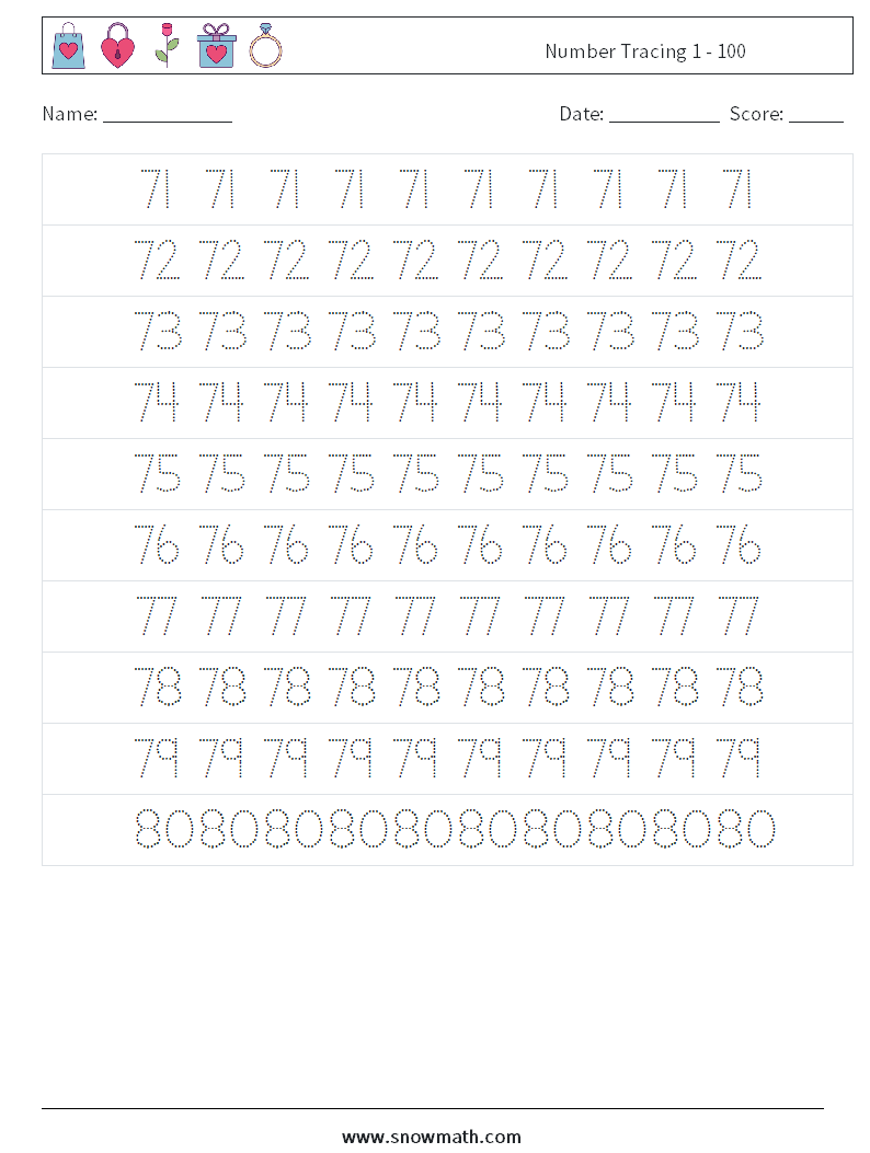 Number Tracing 1 - 100 Math Worksheets 15