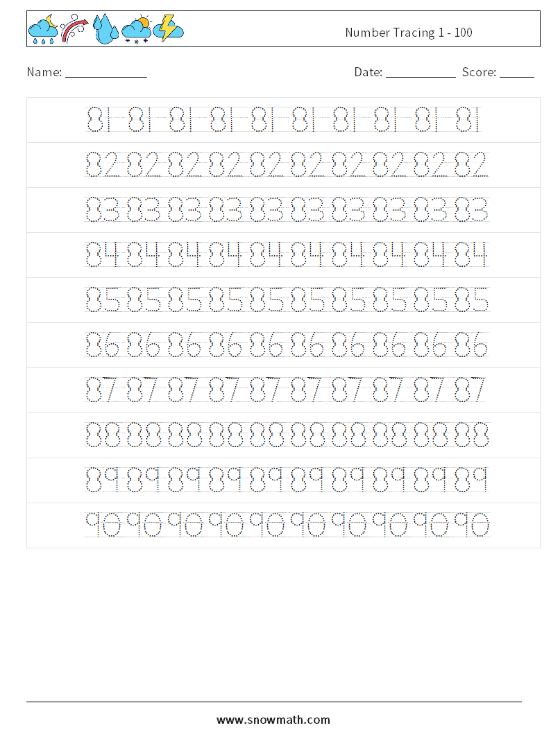 Number Tracing 1 - 100 Math Worksheets 18