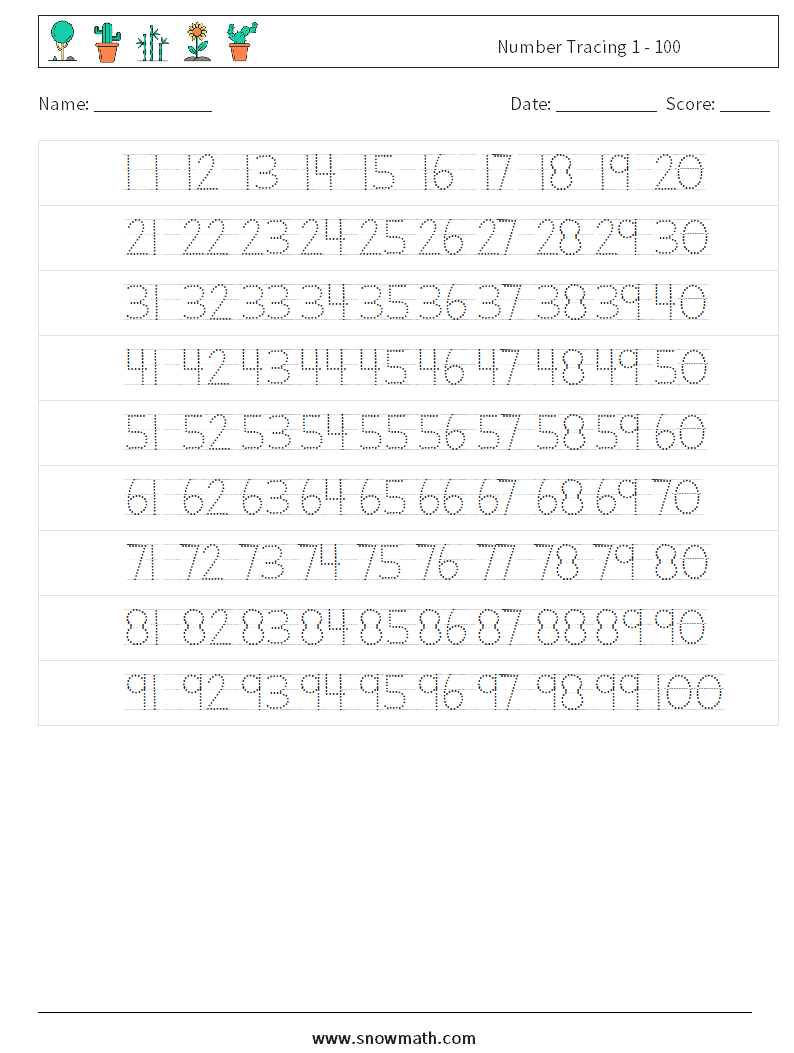 Number Tracing 1 - 100 Math Worksheets 22