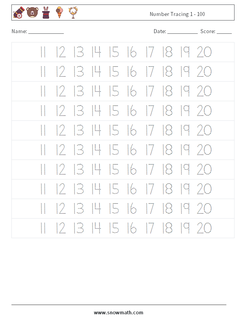 Number Tracing 1 - 100 Math Worksheets 23