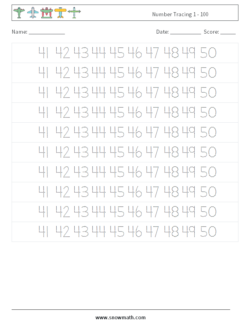 Number Tracing 1 - 100 Math Worksheets 29