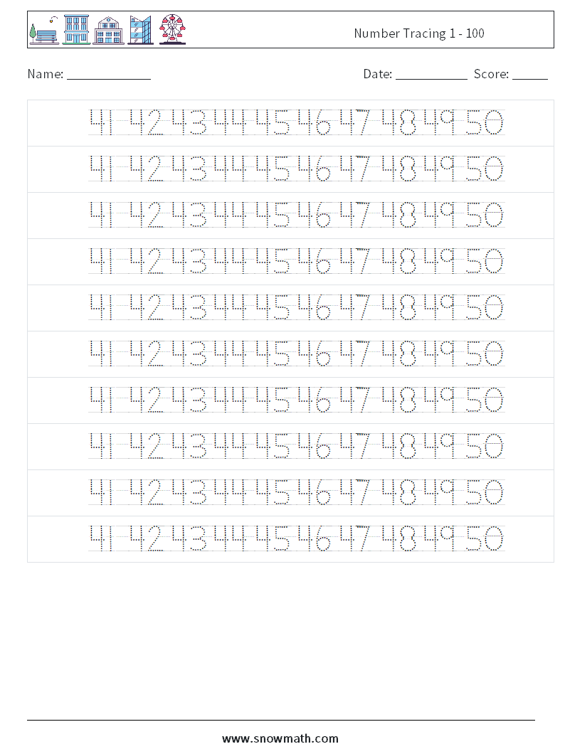 Number Tracing 1 - 100 Math Worksheets 30