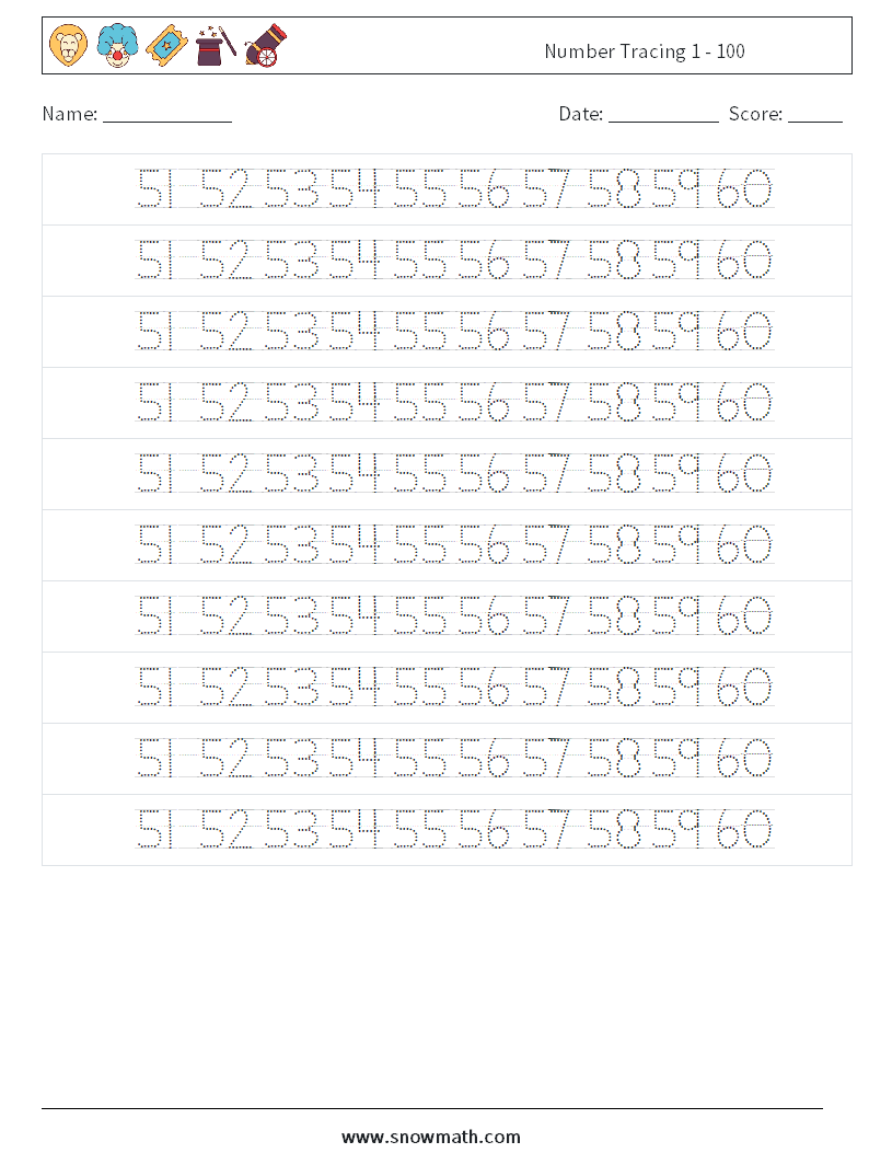 Number Tracing 1 - 100 Math Worksheets 32