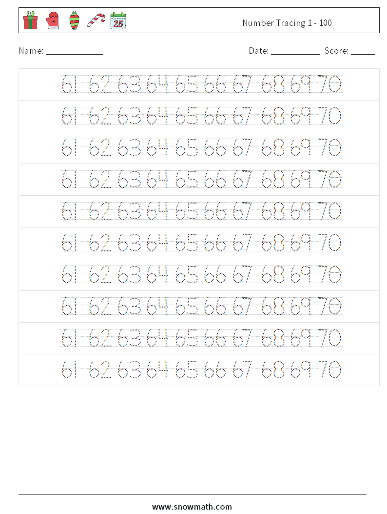 Number Tracing 1 - 100 Math Worksheets 34