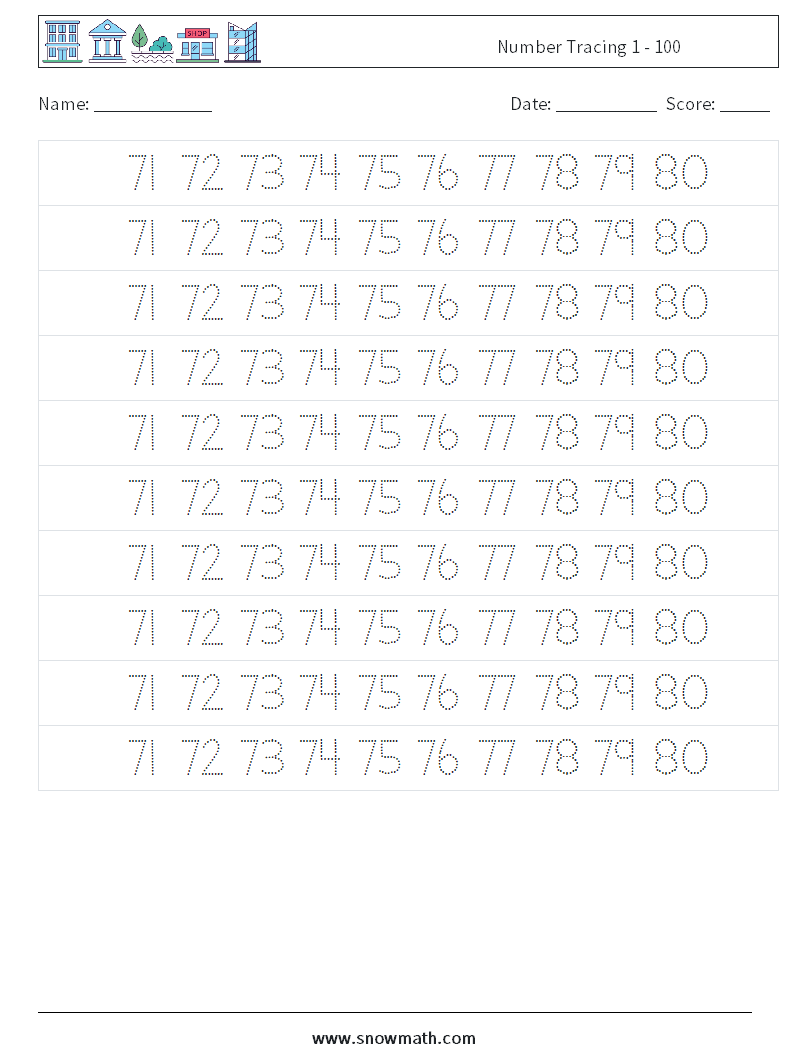 Number Tracing 1 - 100 Math Worksheets 35