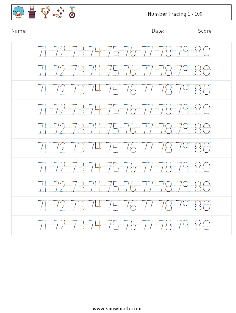 Number Tracing 1 - 100 Math Worksheets 36