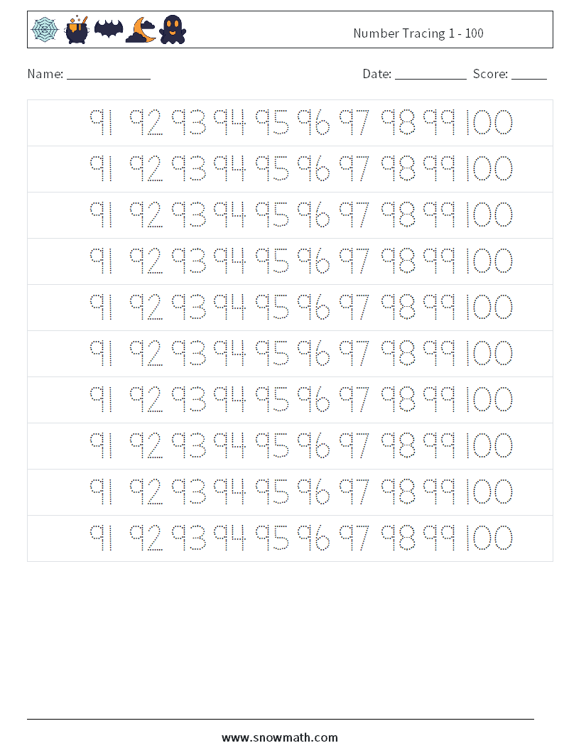 Number Tracing 1 - 100 Math Worksheets 39