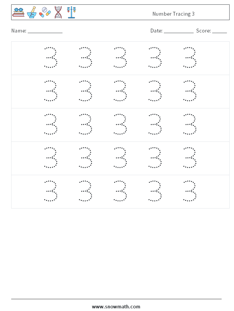 Number Tracing 3 Math Worksheets 10