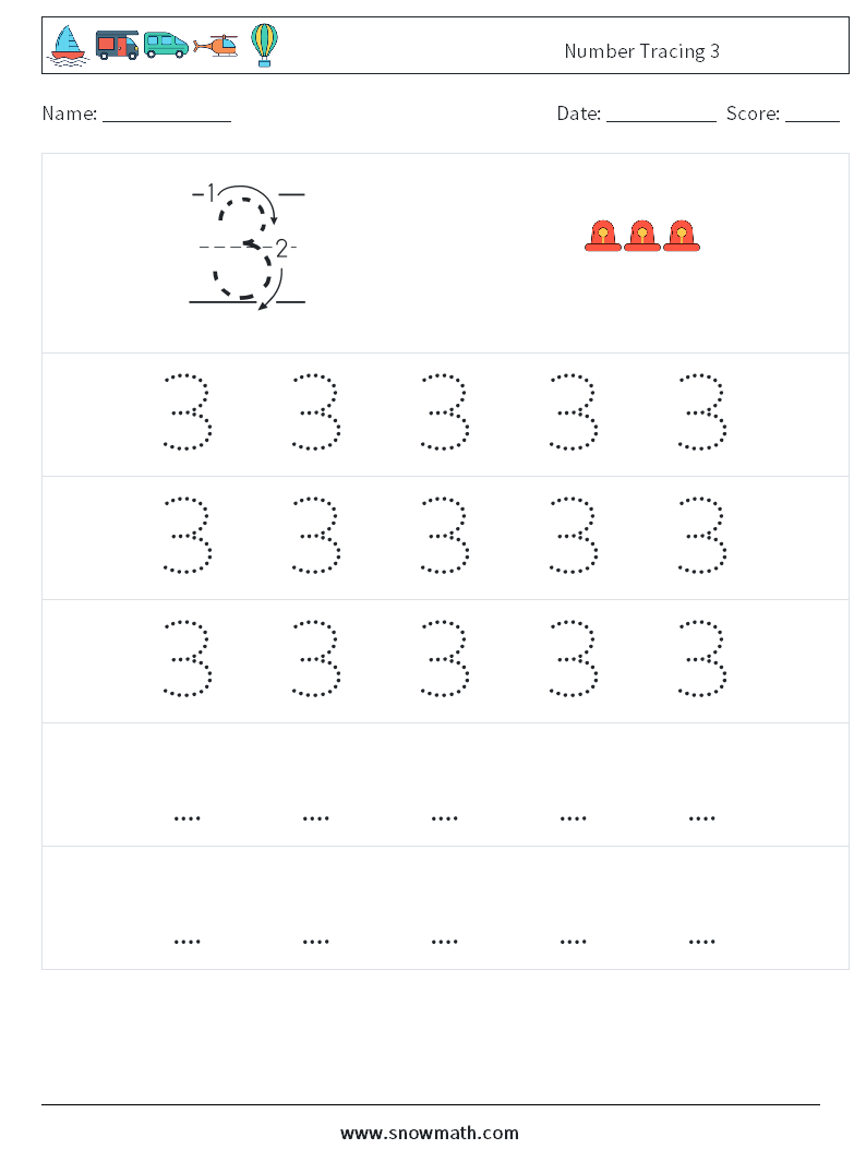 Number Tracing 3 Math Worksheets 11