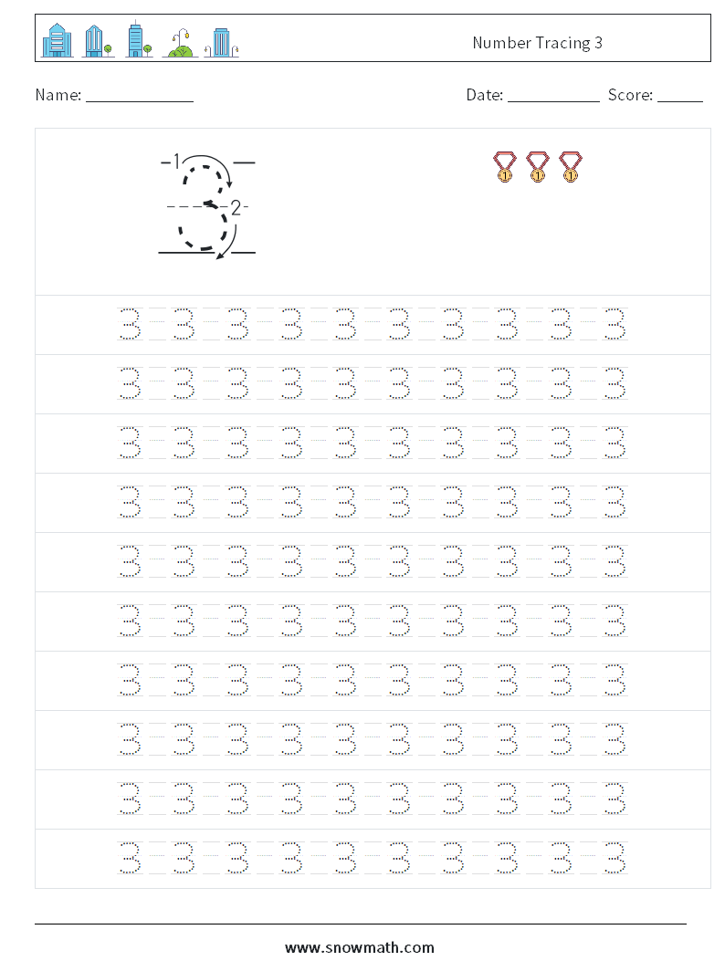 Number Tracing 3 Math Worksheets 13