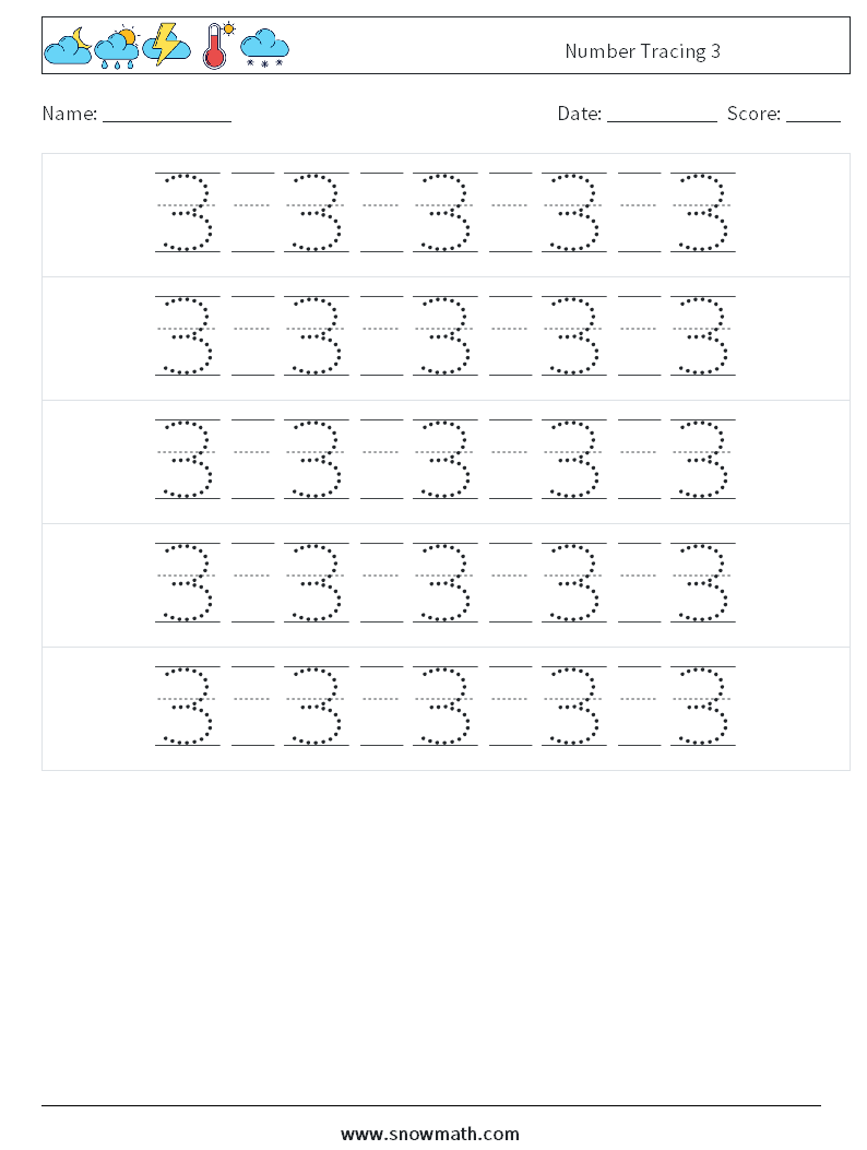 Number Tracing 3 Math Worksheets 22