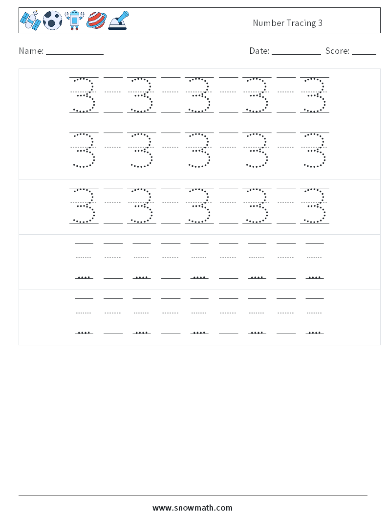 Canada Number Tracing 3 Math Worksheets 24Math Worksheets Math   Number Tracing 3 24 