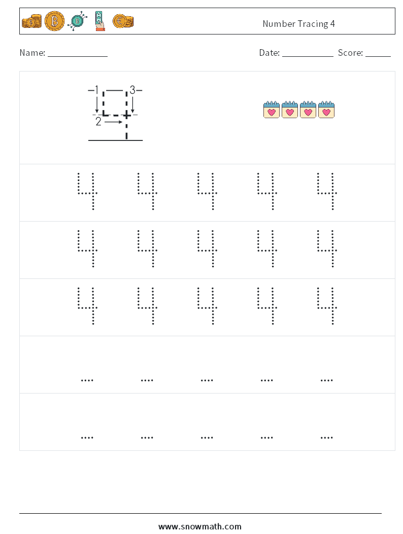 Number Tracing 4 Math Worksheets 11