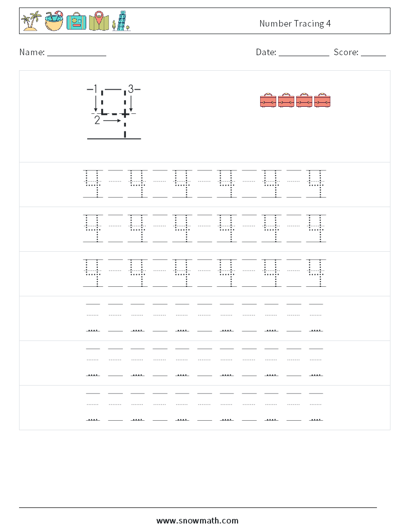 Number Tracing 4 Math Worksheets 19