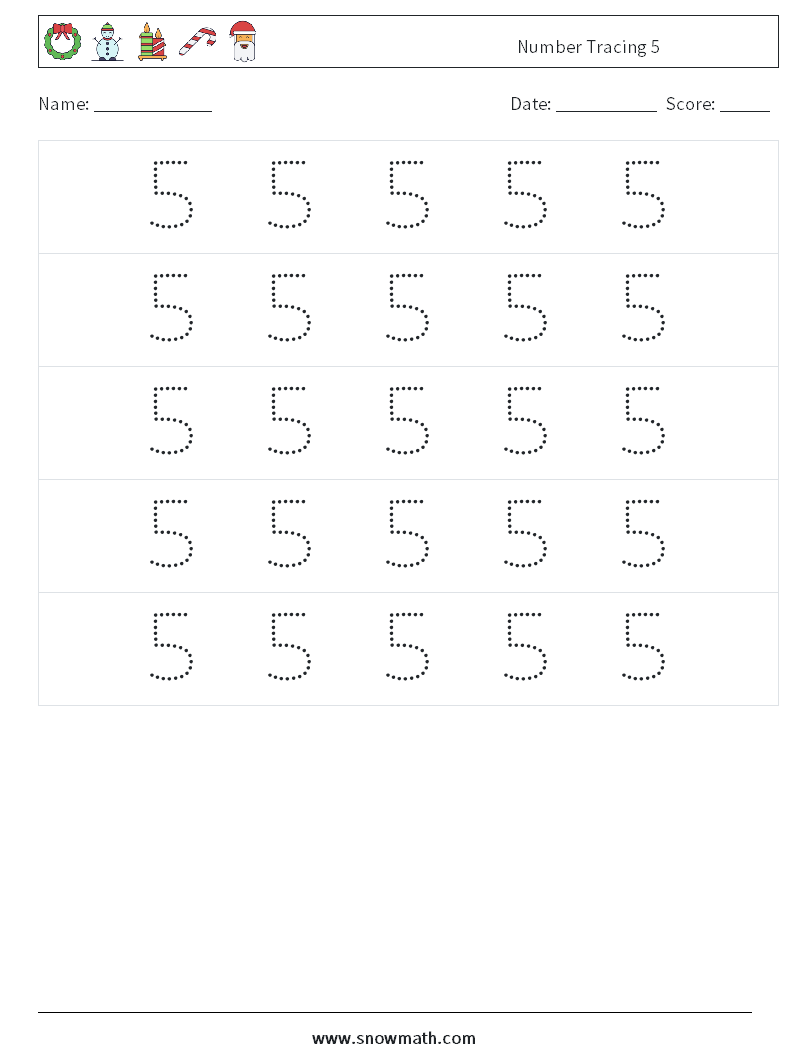 Number Tracing 5 Math Worksheets 10