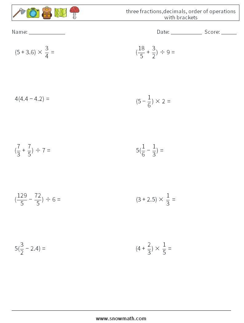 three fractions,decimals, order of operations with brackets Math Worksheets 10