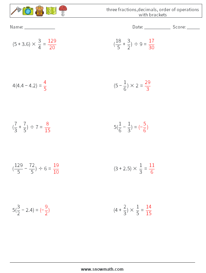 three fractions,decimals, order of operations with brackets Math Worksheets 10 Question, Answer