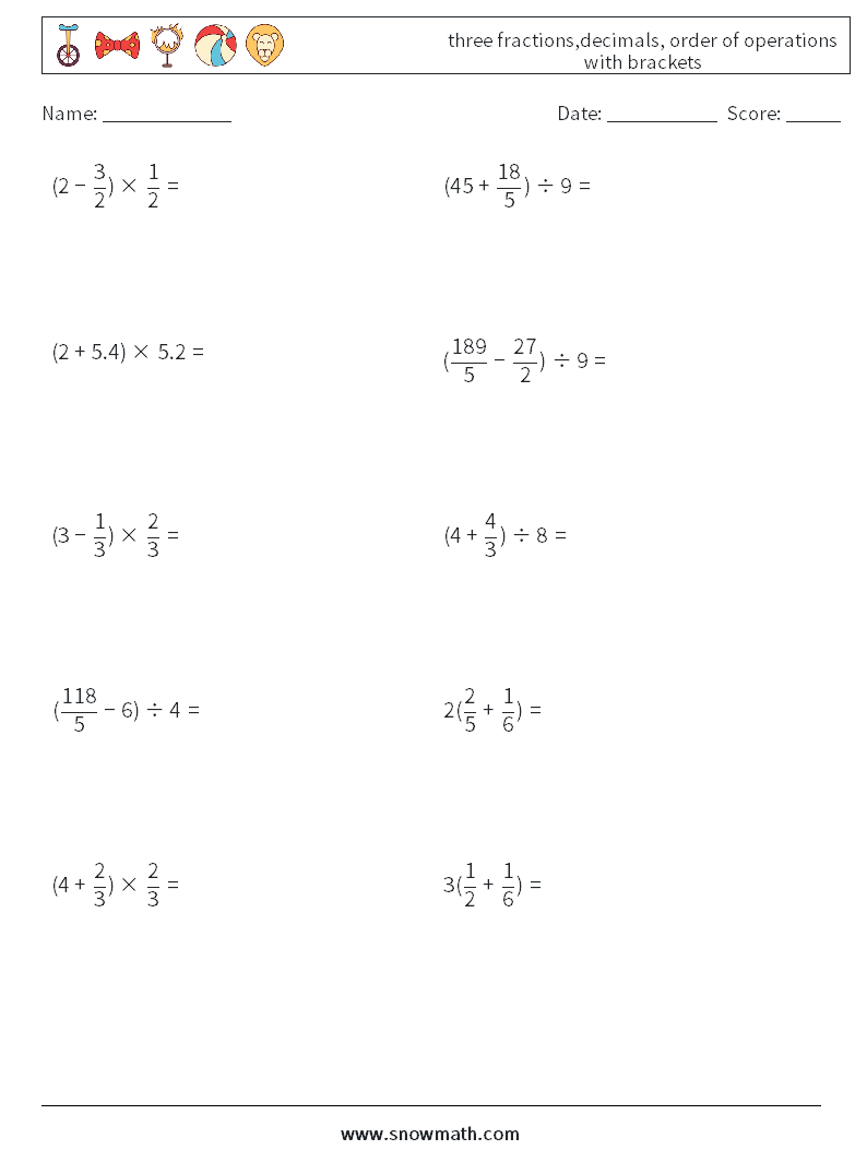 three fractions,decimals, order of operations with brackets Math Worksheets 11