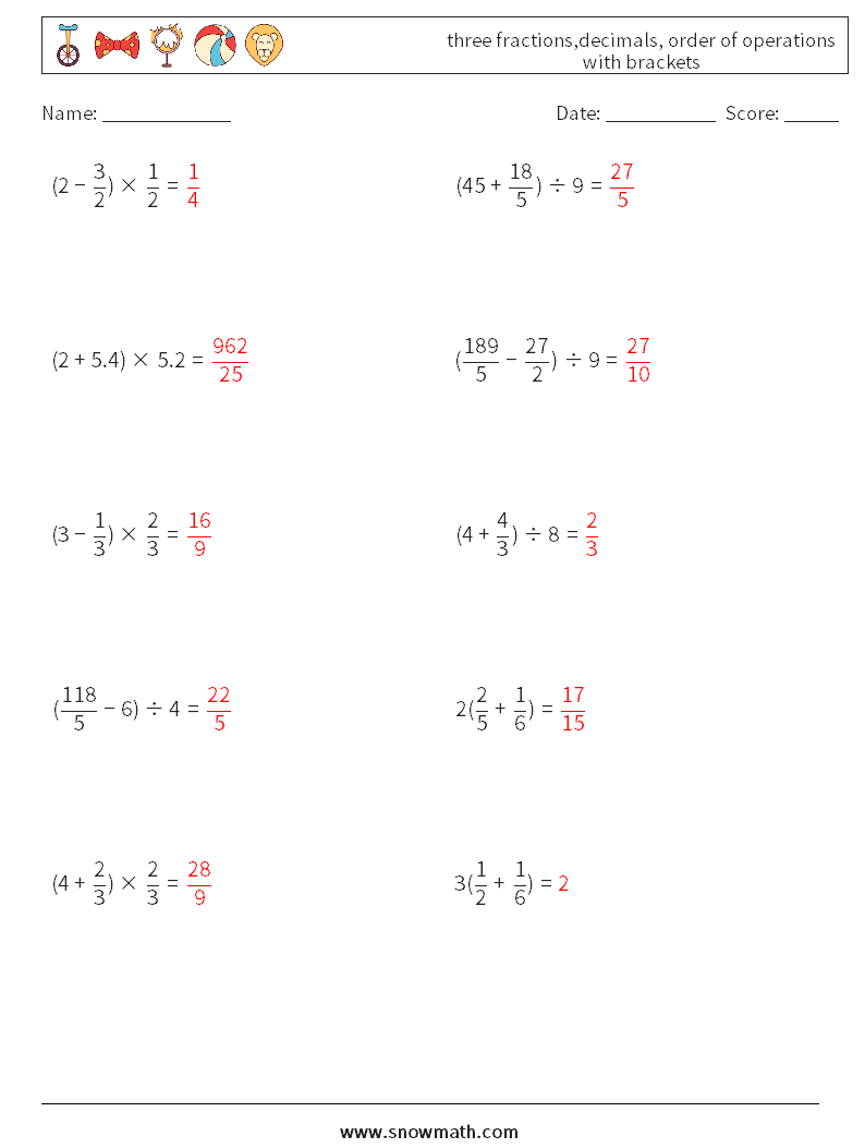 three fractions,decimals, order of operations with brackets Math Worksheets 11 Question, Answer