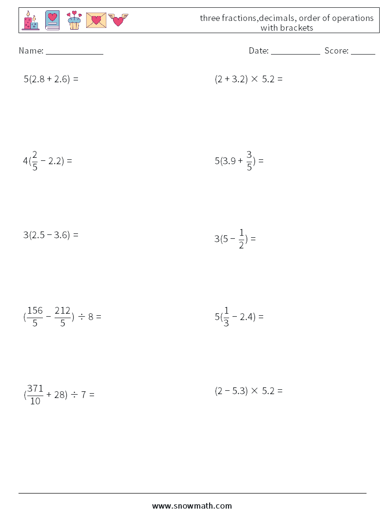 three fractions,decimals, order of operations with brackets Math Worksheets 12