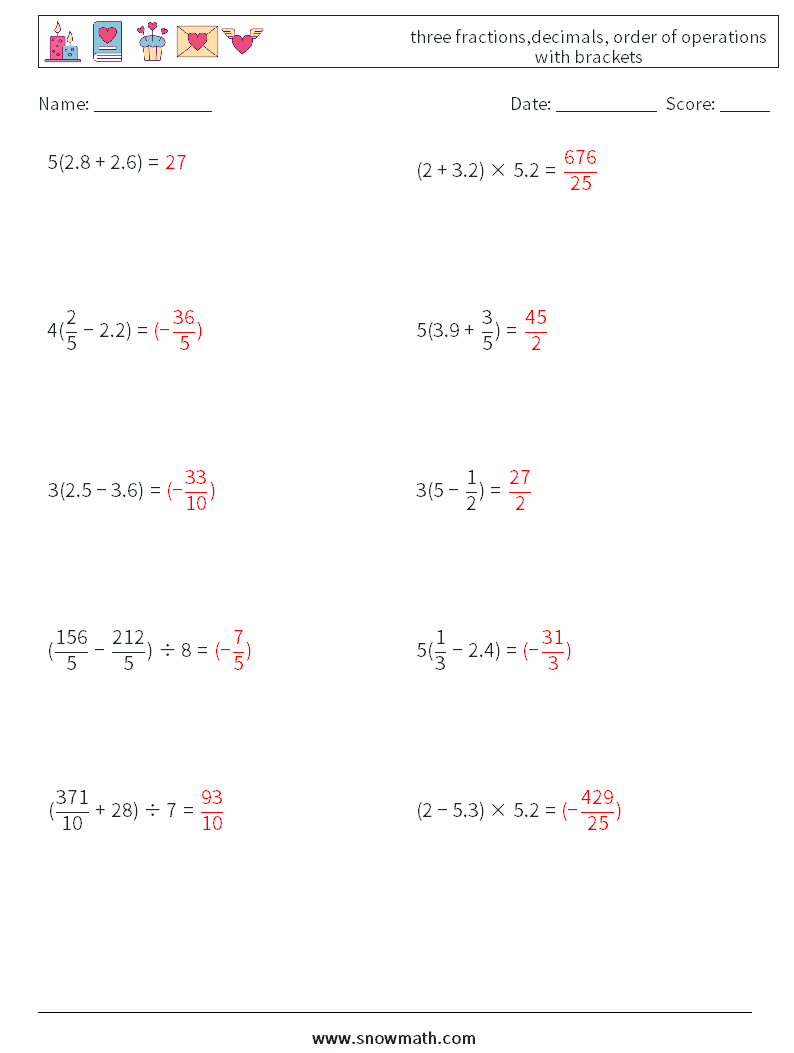 three fractions,decimals, order of operations with brackets Math Worksheets 12 Question, Answer