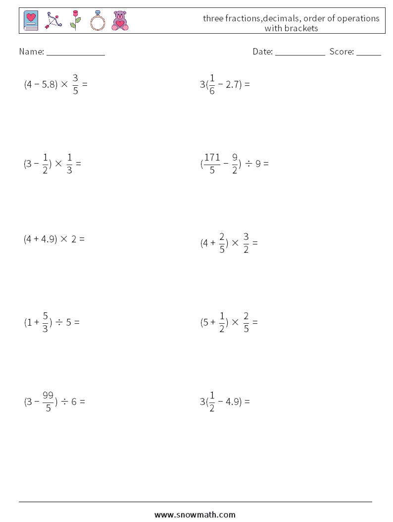 three fractions,decimals, order of operations with brackets Math Worksheets 13