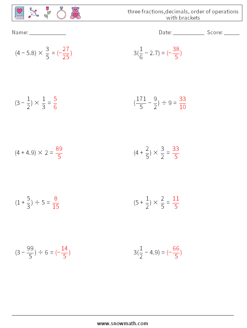 three fractions,decimals, order of operations with brackets Math Worksheets 13 Question, Answer