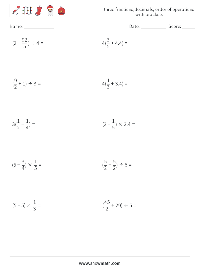 three fractions,decimals, order of operations with brackets Math Worksheets 14