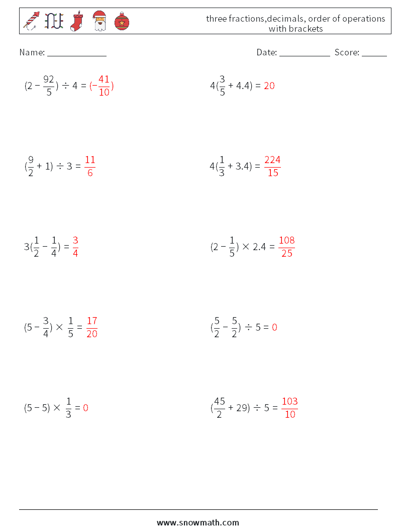 three fractions,decimals, order of operations with brackets Math Worksheets 14 Question, Answer