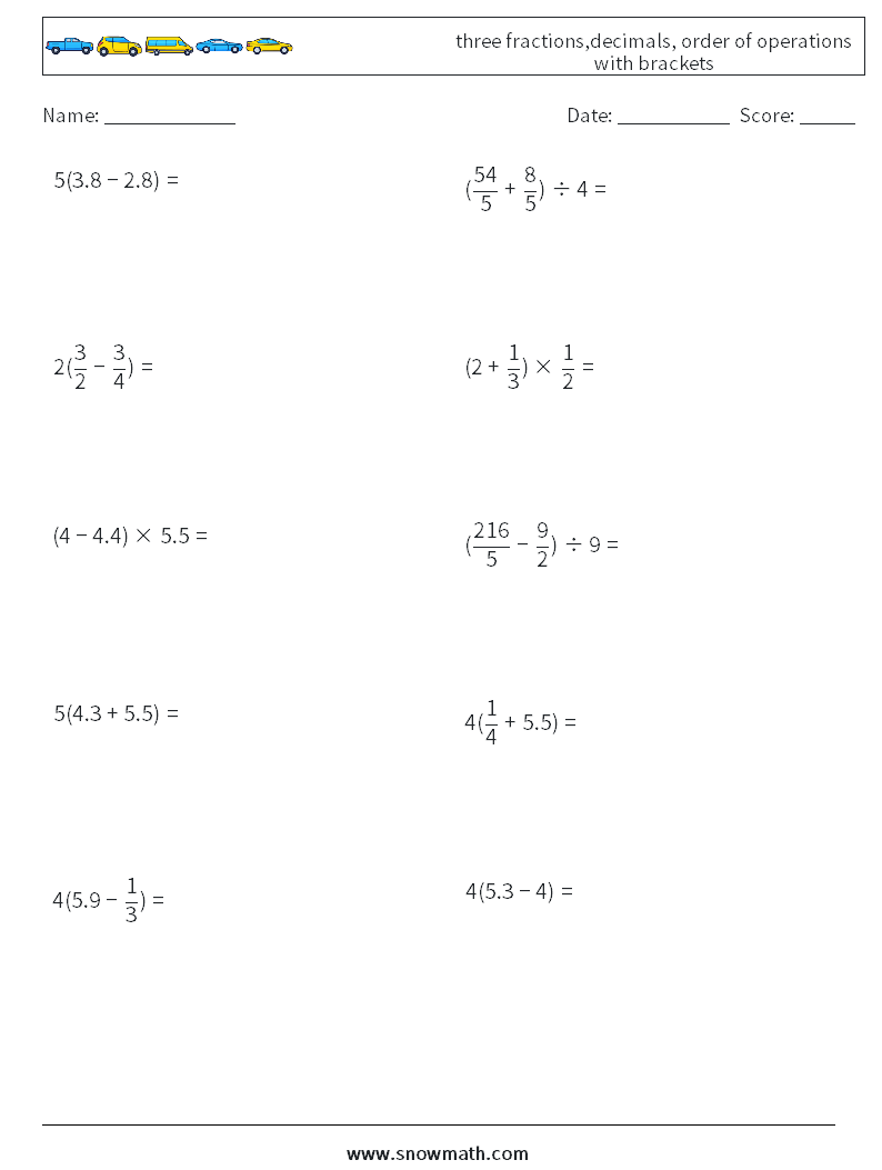 three fractions,decimals, order of operations with brackets Math Worksheets 15