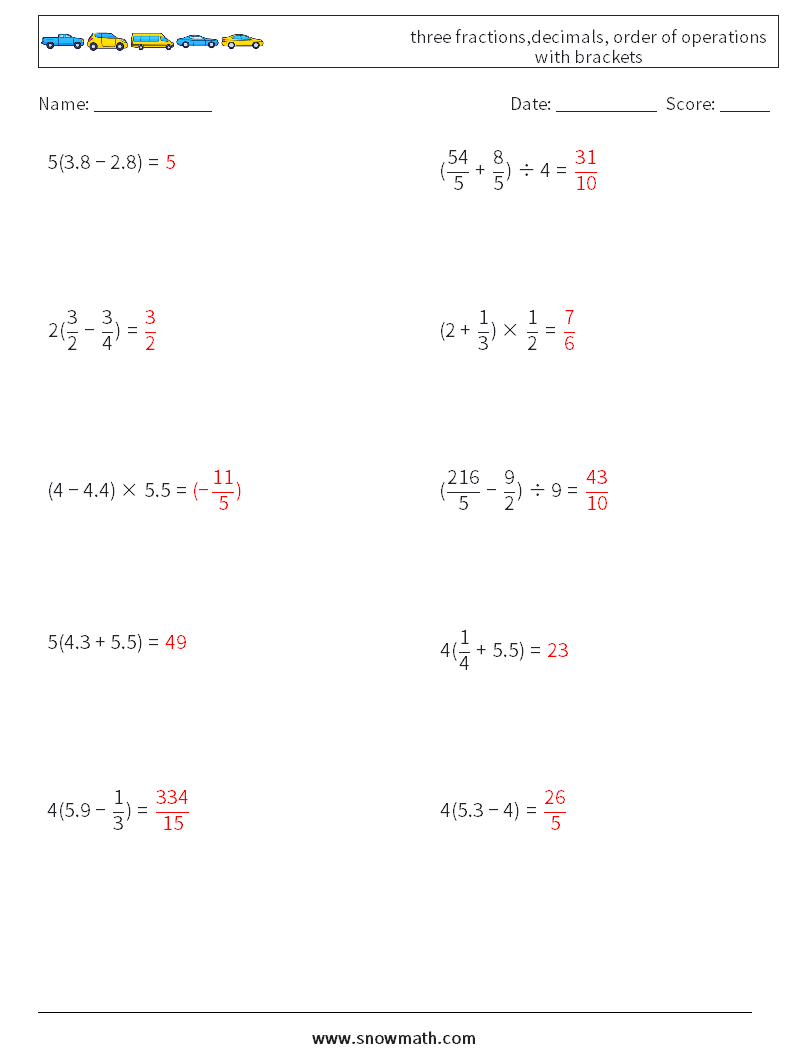 three fractions,decimals, order of operations with brackets Math Worksheets 15 Question, Answer