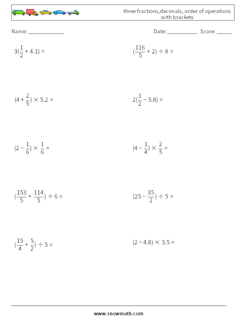 three fractions,decimals, order of operations with brackets Math Worksheets 16